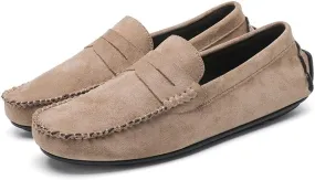 HOOENG Loafers for Men Genuine Leather Round Toe Suede Vamp Penny Loafer Flat Heel Comfortable Lightweight Walking Party Slip-on