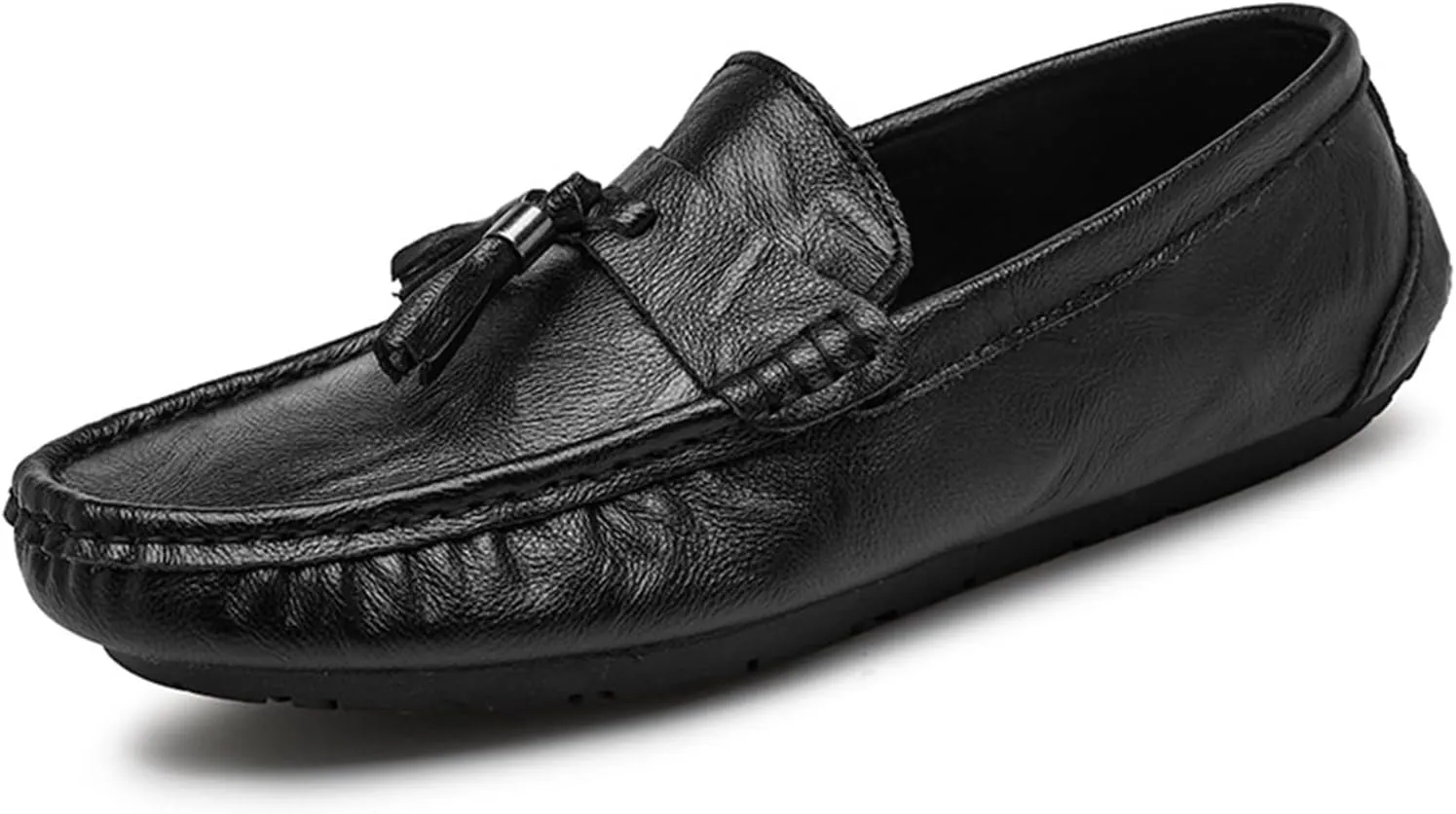 HOOENG Smoking Loafer Driving Moccasins for Men Genuine Leather Stitching Details Round Toe Tassel Resistant Flat Heel Flexible Lightweight Anti-Slip (Color : Black, Size : 8)