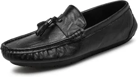 HOOENG Smoking Loafer Driving Moccasins for Men Genuine Leather Stitching Details Round Toe Tassel Resistant Flat Heel Flexible Lightweight Anti-Slip (Color : Black, Size : 8)