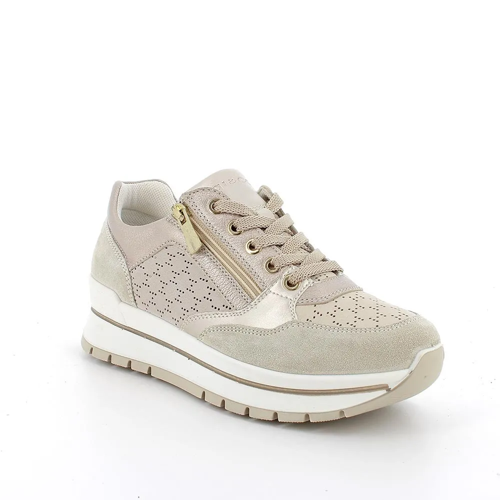 Ladies IGI & Co Lace Up Trainers Sneakers Platform Beige/Gold Combo Zip 5662122 sale