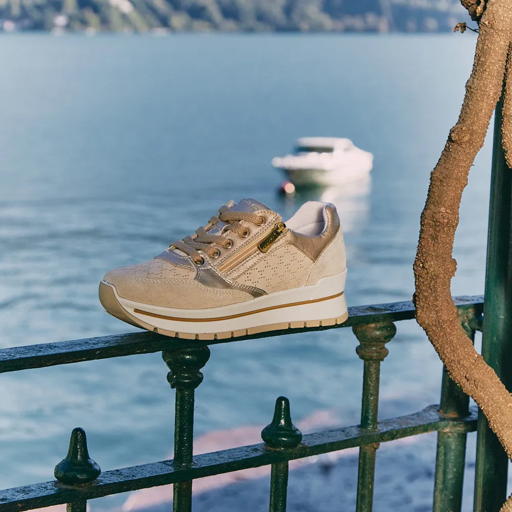 Ladies IGI & Co Lace Up Trainers Sneakers Platform Beige/Gold Combo Zip 5662122 sale