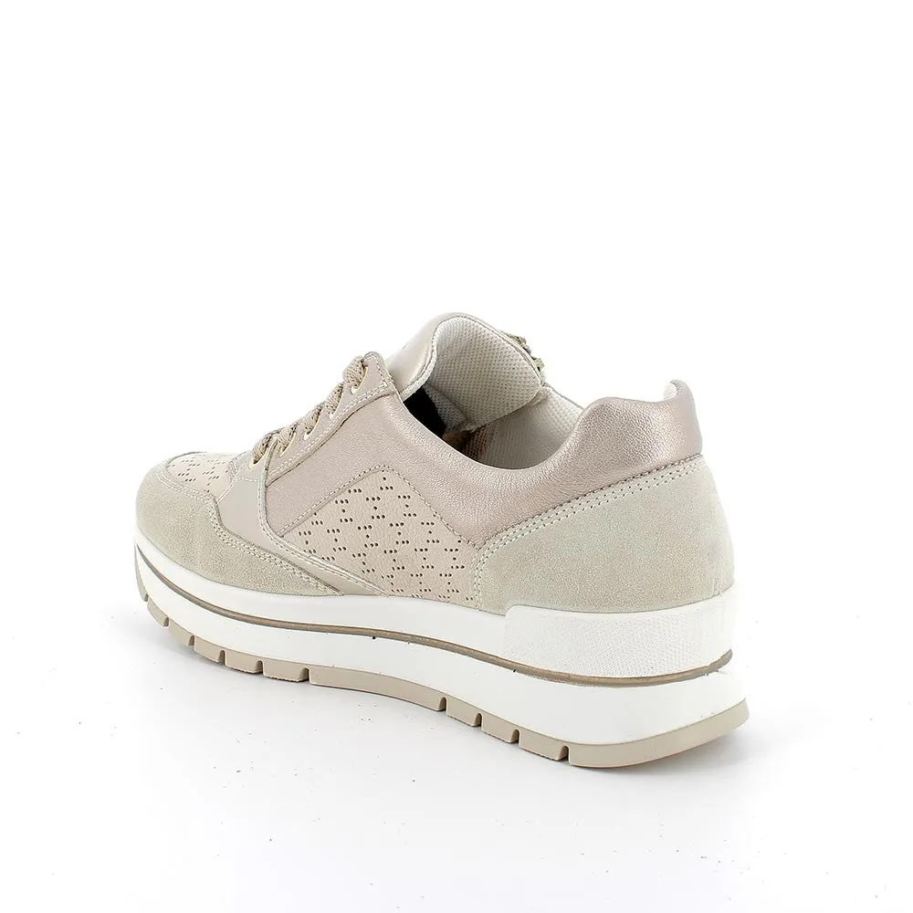 Ladies IGI & Co Lace Up Trainers Sneakers Platform Beige/Gold Combo Zip 5662122 sale