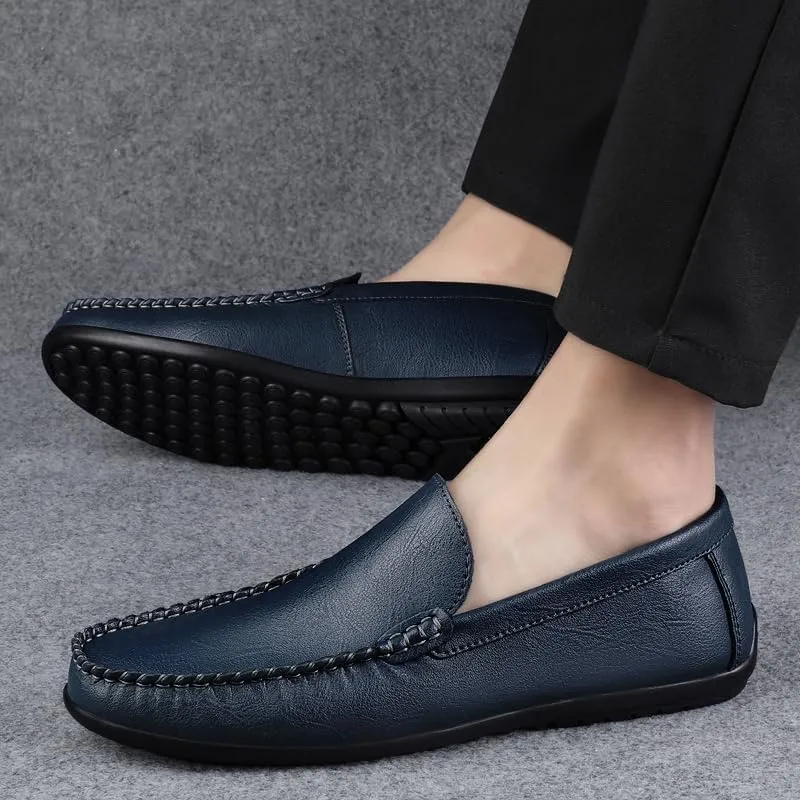 Men's Leather Driving Moccasins, Slip-On Loafers, Casual Flat Shoes, White