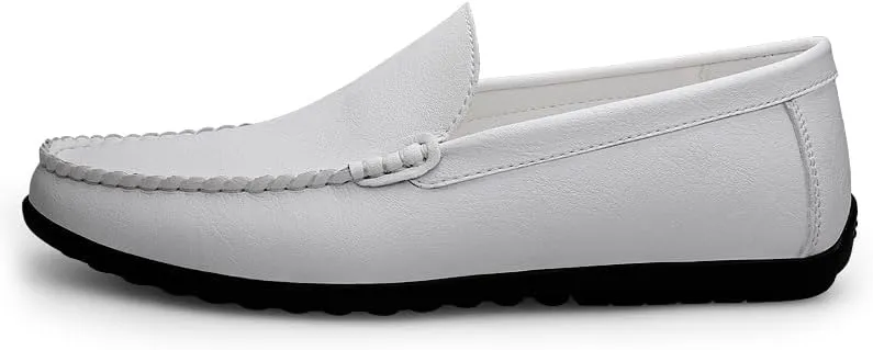 Men's Leather Driving Moccasins, Slip-On Loafers, Casual Flat Shoes, White
