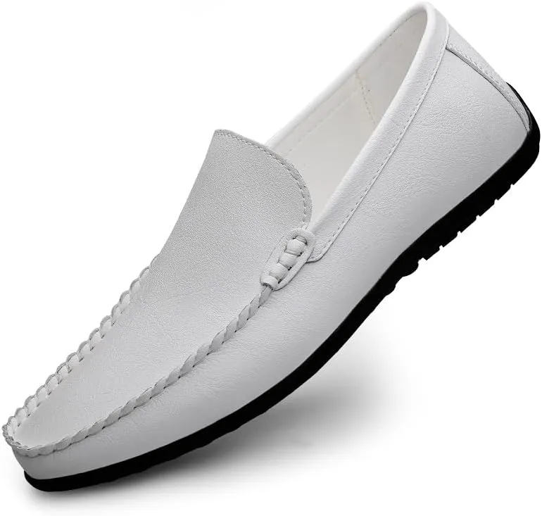 Men's Leather Driving Moccasins, Slip-On Loafers, Casual Flat Shoes, White