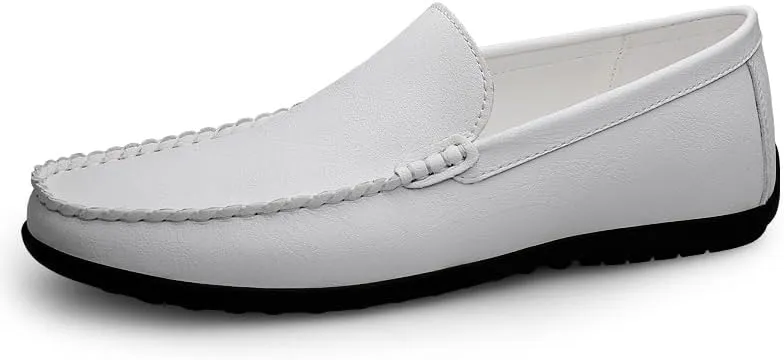 Men's Leather Driving Moccasins, Slip-On Loafers, Casual Flat Shoes, White