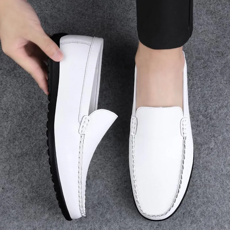 Men's Leather Driving Moccasins, Slip-On Loafers, Casual Flat Shoes, White