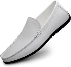 Men's Leather Driving Moccasins, Slip-On Loafers, Casual Flat Shoes, White