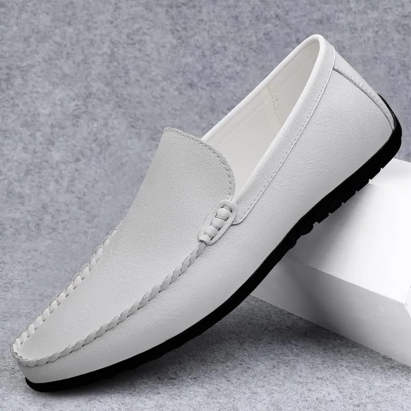 Men's Leather Driving Moccasins, Slip-On Loafers, Casual Flat Shoes, White