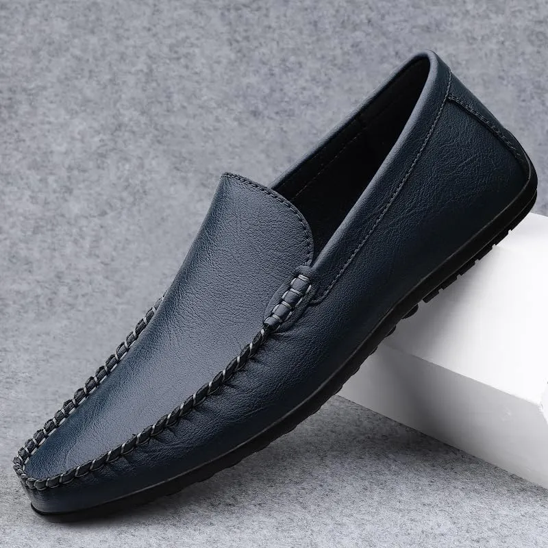 Men's Leather Driving Moccasins, Slip-On Loafers, Casual Flat Shoes, White