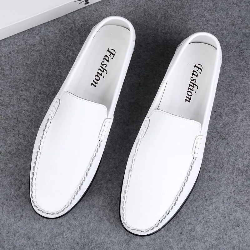 Men's Leather Driving Moccasins, Slip-On Loafers, Casual Flat Shoes, White