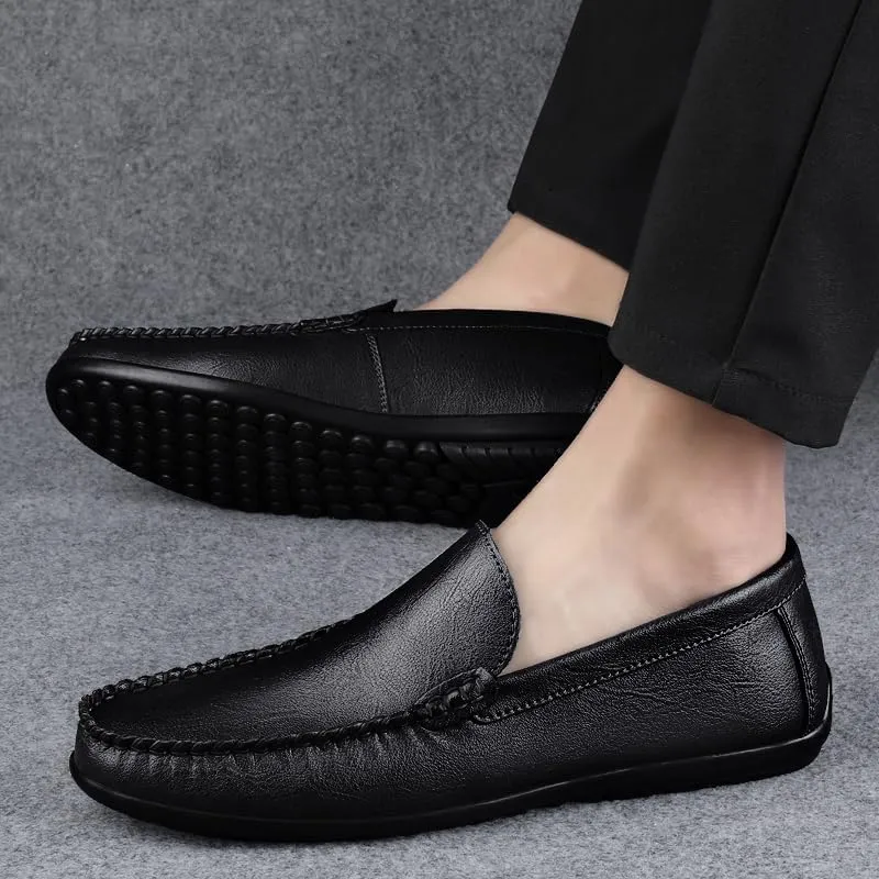 Men's Leather Driving Moccasins, Slip-On Loafers, Casual Flat Shoes, White
