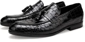 Mens Leather Tassel Shoes, Classic Formal Crocodile Printed Tassel Business Dress Shoes Party Loafers for Men