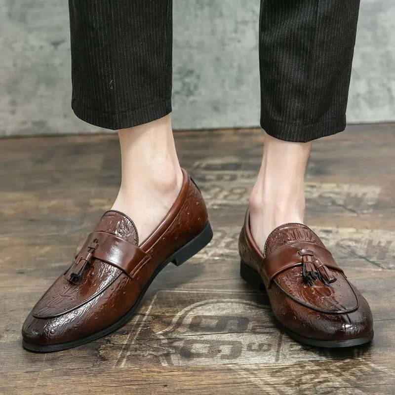 Men's Loafers Shoes Burnished Toe Crocodile Print with Tassel Vegan Leather Comfortable Flat Heel Flexible Fashion Prom Slip-on