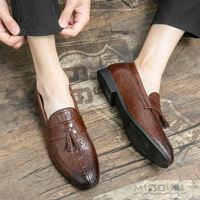 Men's Loafers Shoes Burnished Toe Crocodile Print with Tassel Vegan Leather Comfortable Flat Heel Flexible Fashion Prom Slip-on