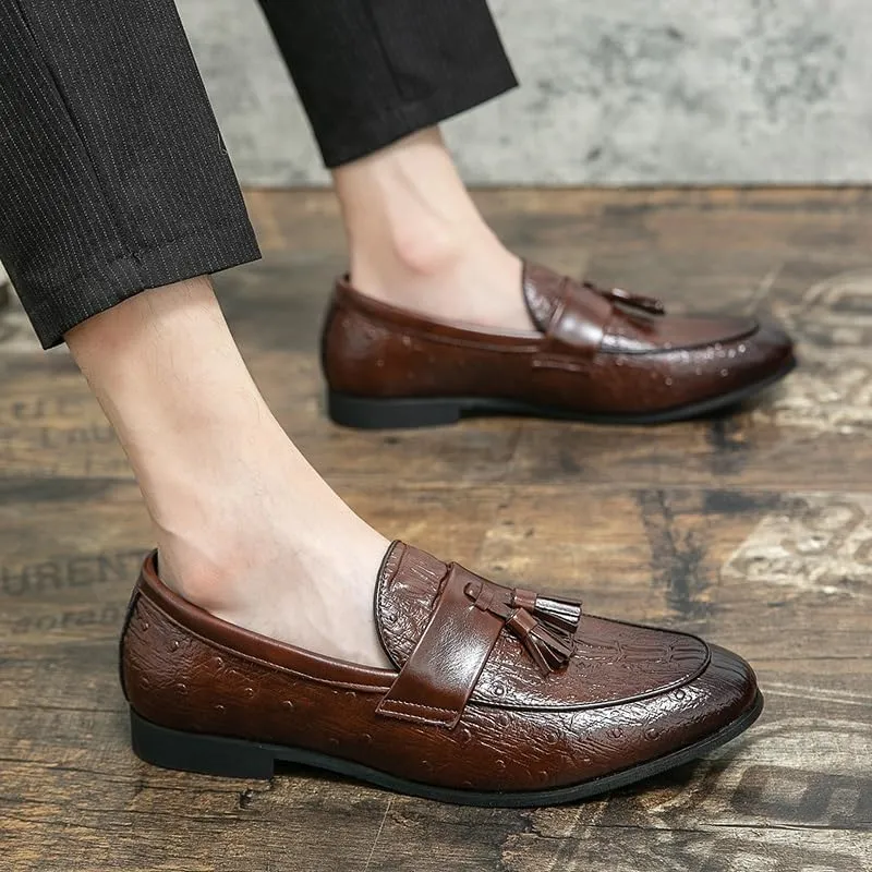 Men's Loafers Shoes Burnished Toe Crocodile Print with Tassel Vegan Leather Comfortable Flat Heel Flexible Fashion Prom Slip-on