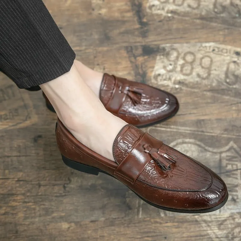Men's Loafers Shoes Burnished Toe Crocodile Print with Tassel Vegan Leather Comfortable Flat Heel Flexible Fashion Prom Slip-on