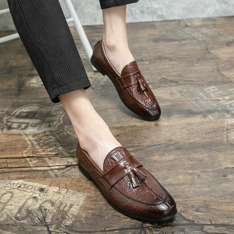 Men's Loafers Shoes Burnished Toe Crocodile Print with Tassel Vegan Leather Comfortable Flat Heel Flexible Fashion Prom Slip-on