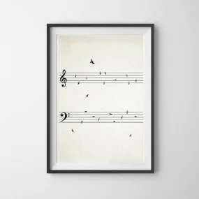Minimalist Sheet Music Line Art With Birds On Wire Fine Art Canvas Prints Black And White Modern Poster Picture For Music Classroom Unique Gift For Musician