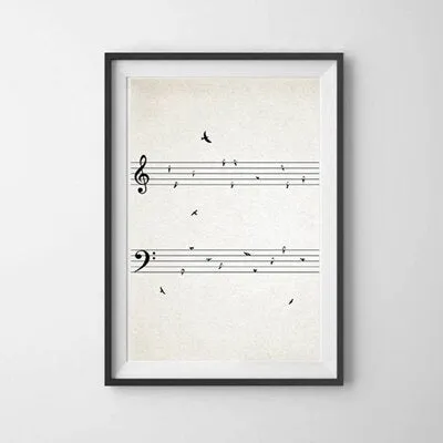 Minimalist Sheet Music Line Art With Birds On Wire Fine Art Canvas Prints Black And White Modern Poster Picture For Music Classroom Unique Gift For Musician