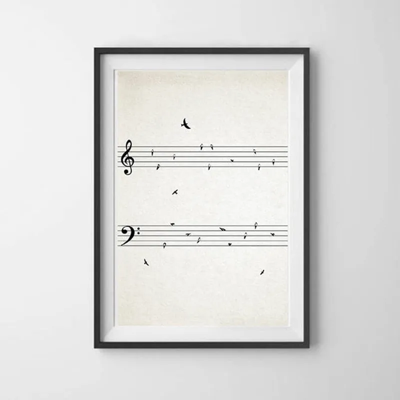 Minimalist Sheet Music Line Art With Birds On Wire Fine Art Canvas Prints Black And White Modern Poster Picture For Music Classroom Unique Gift For Musician