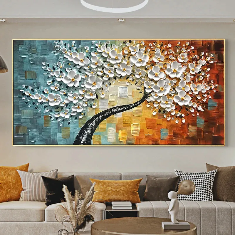 Modern Abstract Floral Oil Painting Fine Art Canvas Print Large Format Wall Art White Petal Flower Pictures For Living Room Bedroom Art Decor