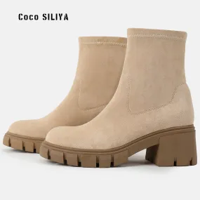 New Boots Black Thick Soled Raised Soled Round Headed Martin Boots Smoke Pipe Chelsea Short Boots Women's Autumn And Winter