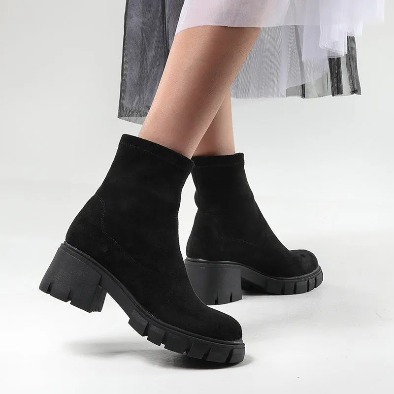 New Boots Black Thick Soled Raised Soled Round Headed Martin Boots Smoke Pipe Chelsea Short Boots Women's Autumn And Winter