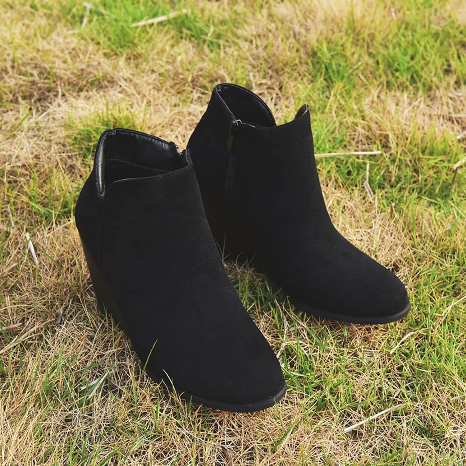 oiangi womens booties and ankle boots Fashion round toe Zipper Suede Casual Wedge Platform high heels Comfortable waterproof Work Chunky shoes