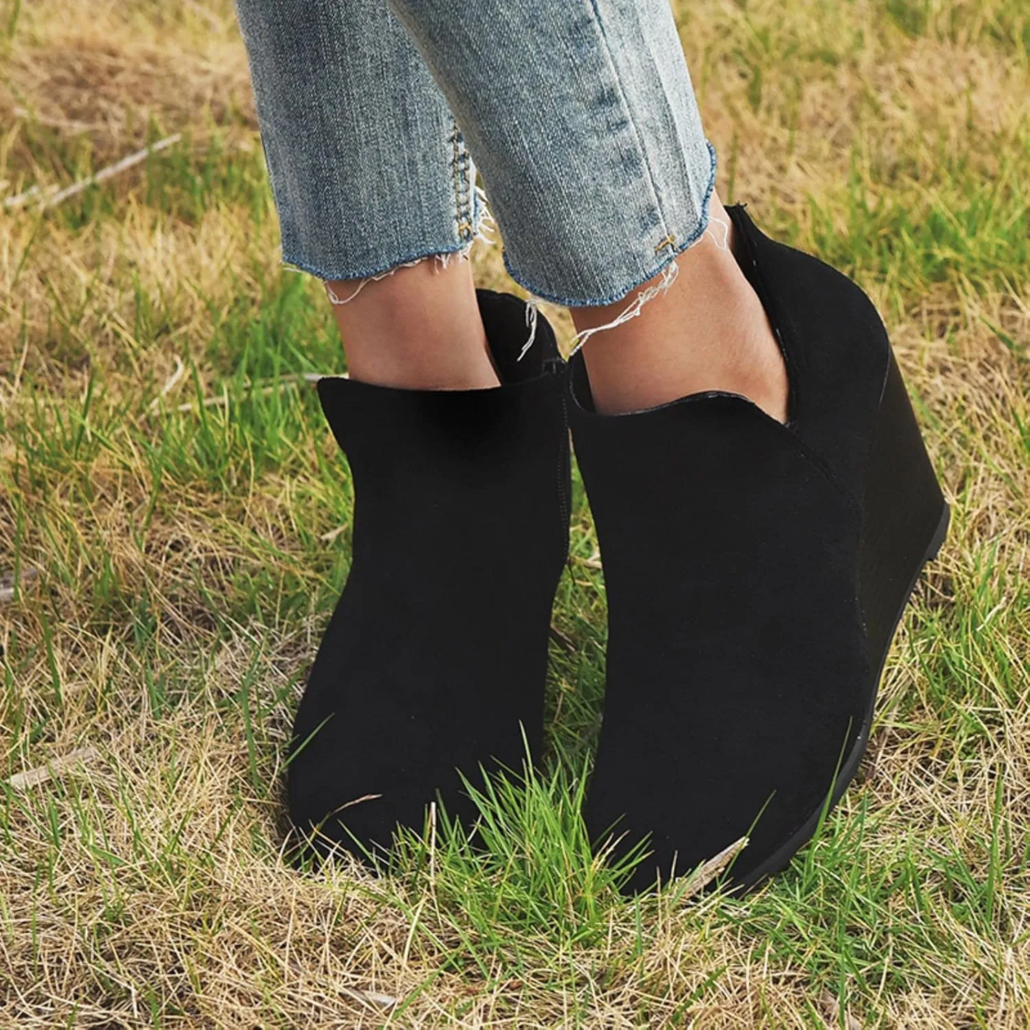oiangi womens booties and ankle boots Fashion round toe Zipper Suede Casual Wedge Platform high heels Comfortable waterproof Work Chunky shoes