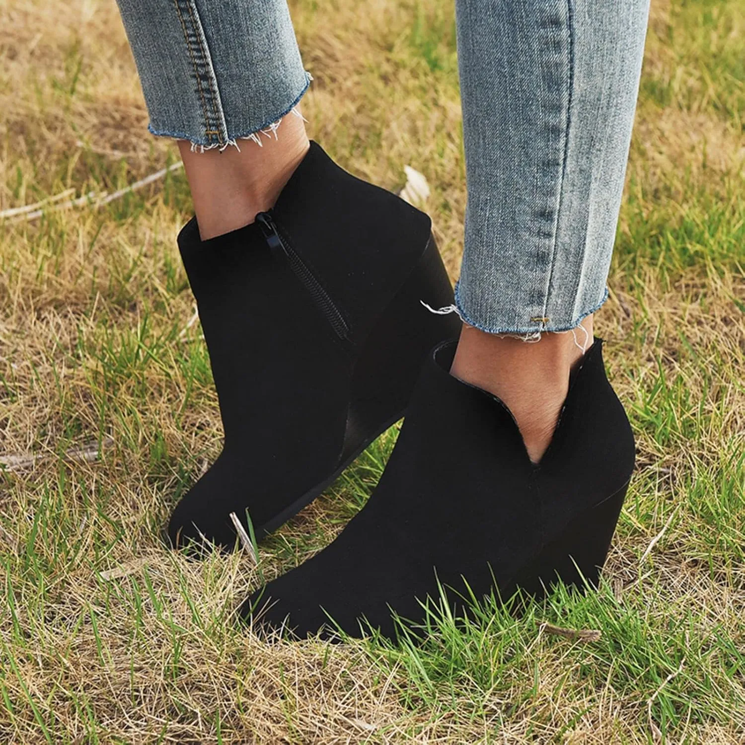 oiangi womens booties and ankle boots Fashion round toe Zipper Suede Casual Wedge Platform high heels Comfortable waterproof Work Chunky shoes