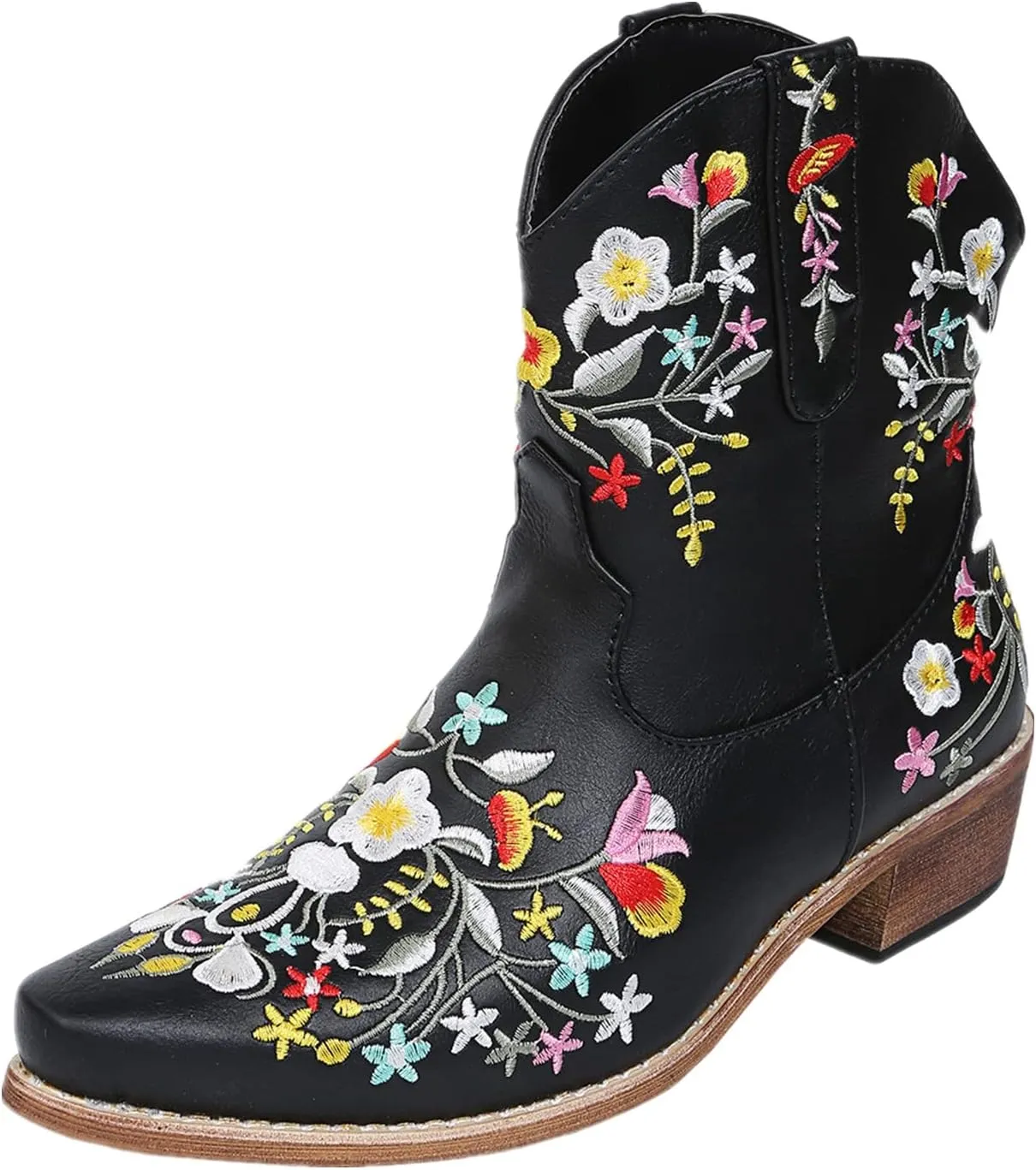 OMEARK Ladies Cowboy Ankle Boots, Fashion Pointed Toe Low Block Chunky Heel Floral Short Booties, Winter Non-Slip Embroidery Snip Toe Western Boots