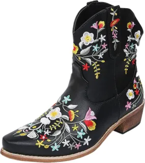 OMEARK Ladies Cowboy Ankle Boots, Fashion Pointed Toe Low Block Chunky Heel Floral Short Booties, Winter Non-Slip Embroidery Snip Toe Western Boots