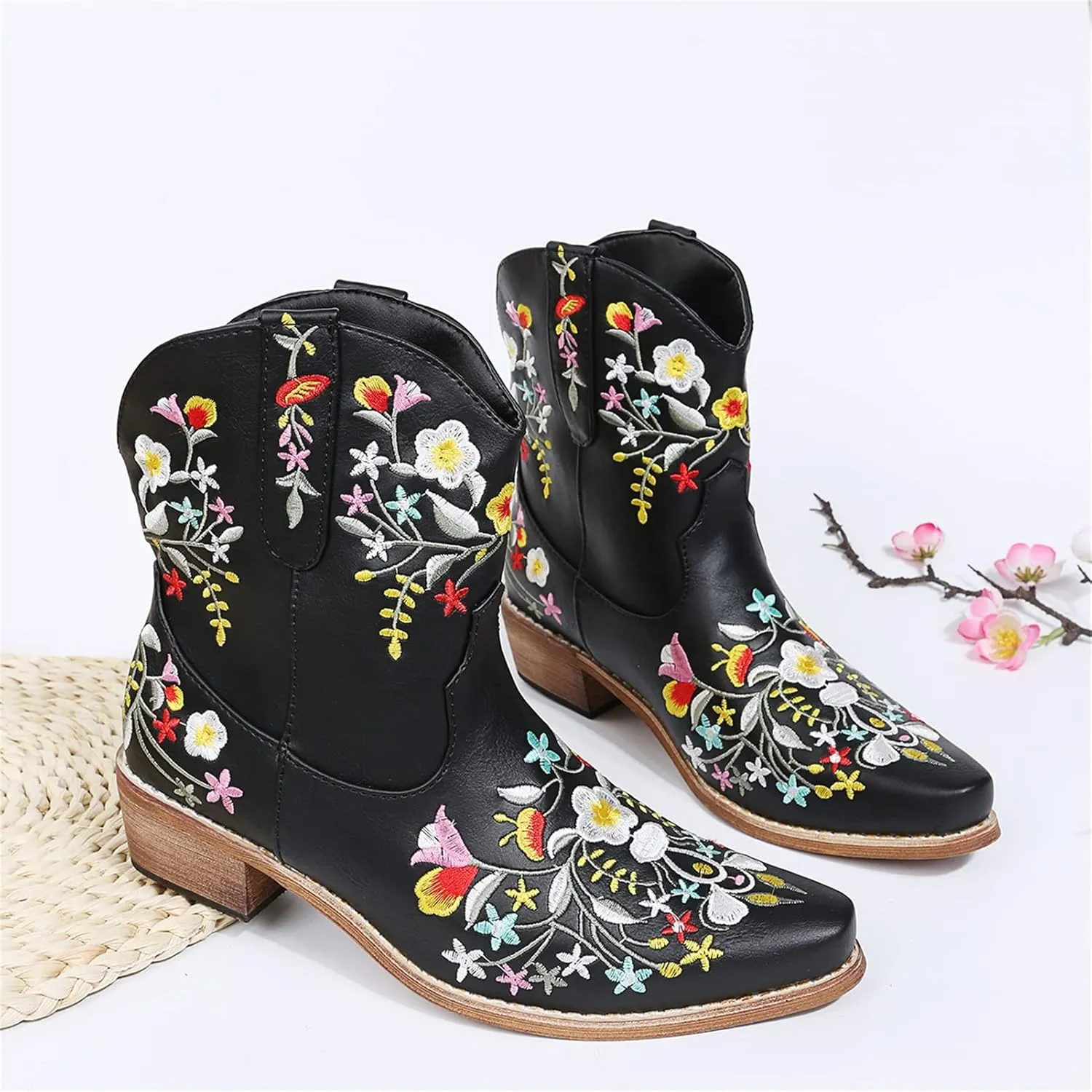 OMEARK Ladies Cowboy Ankle Boots, Fashion Pointed Toe Low Block Chunky Heel Floral Short Booties, Winter Non-Slip Embroidery Snip Toe Western Boots