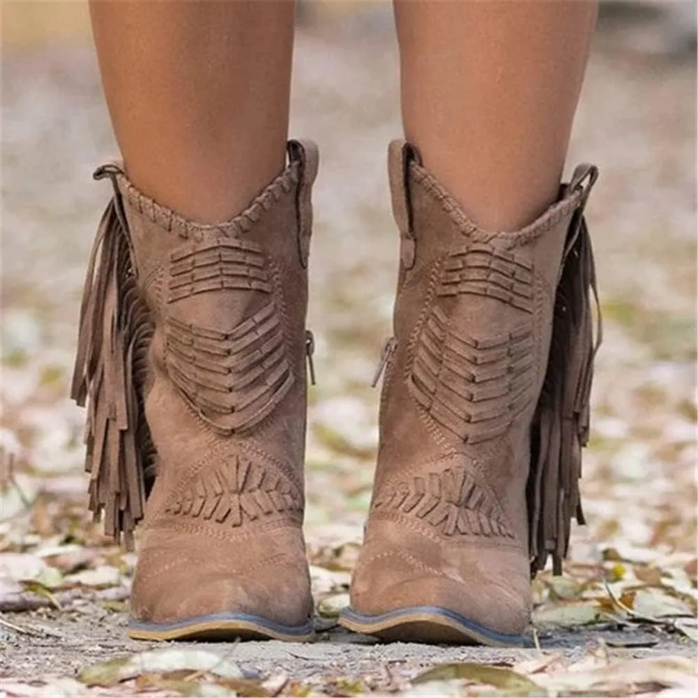 OMEARK Ladies Tassel Ankle Boots, Vintage Chunky Block Heel Western Leather Short Booties, Winter Pointed Toe Retro Keep Warm Flat Heel Western Chelsea Booties Shoes