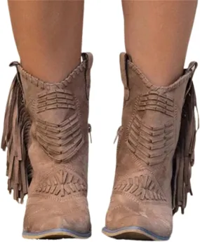 OMEARK Ladies Tassel Ankle Boots, Vintage Chunky Block Heel Western Leather Short Booties, Winter Pointed Toe Retro Keep Warm Flat Heel Western Chelsea Booties Shoes