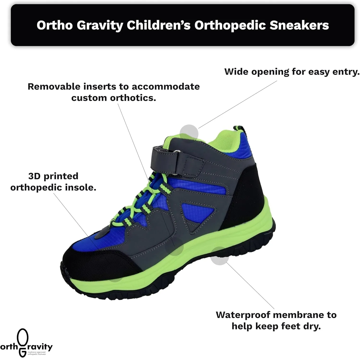 Orthopedic StrideCare 360 Kids High Top Sneakers, Wide Opening, Removable Inserts