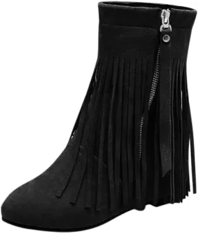 peqiut Cowboy Boots for Women Western Solid Color Fringe Pointed Toe Zipper Flat Ankle Boots for Women Fashion Cowgirl Boots