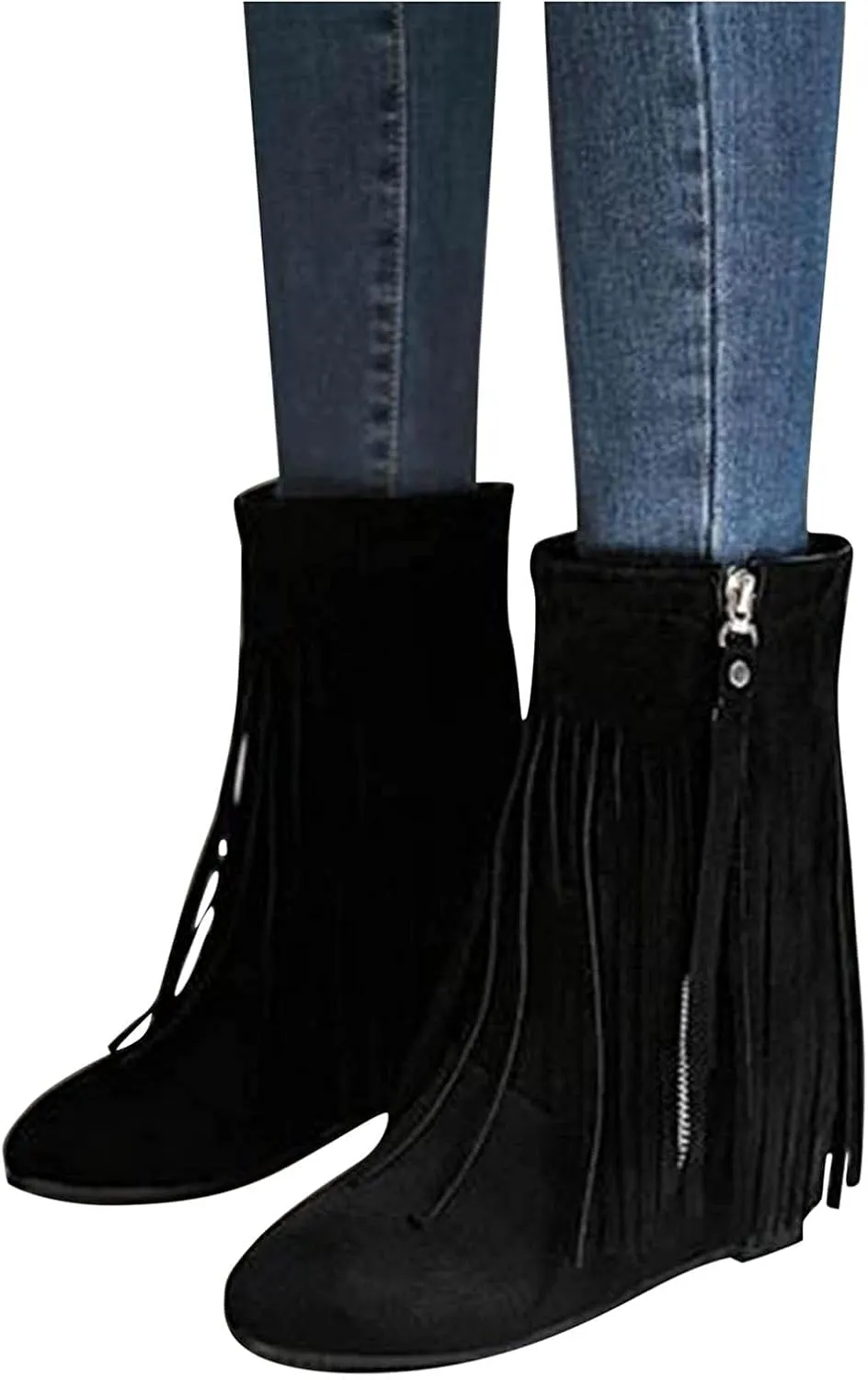 peqiut Cowboy Boots for Women Western Solid Color Fringe Pointed Toe Zipper Flat Ankle Boots for Women Fashion Cowgirl Boots