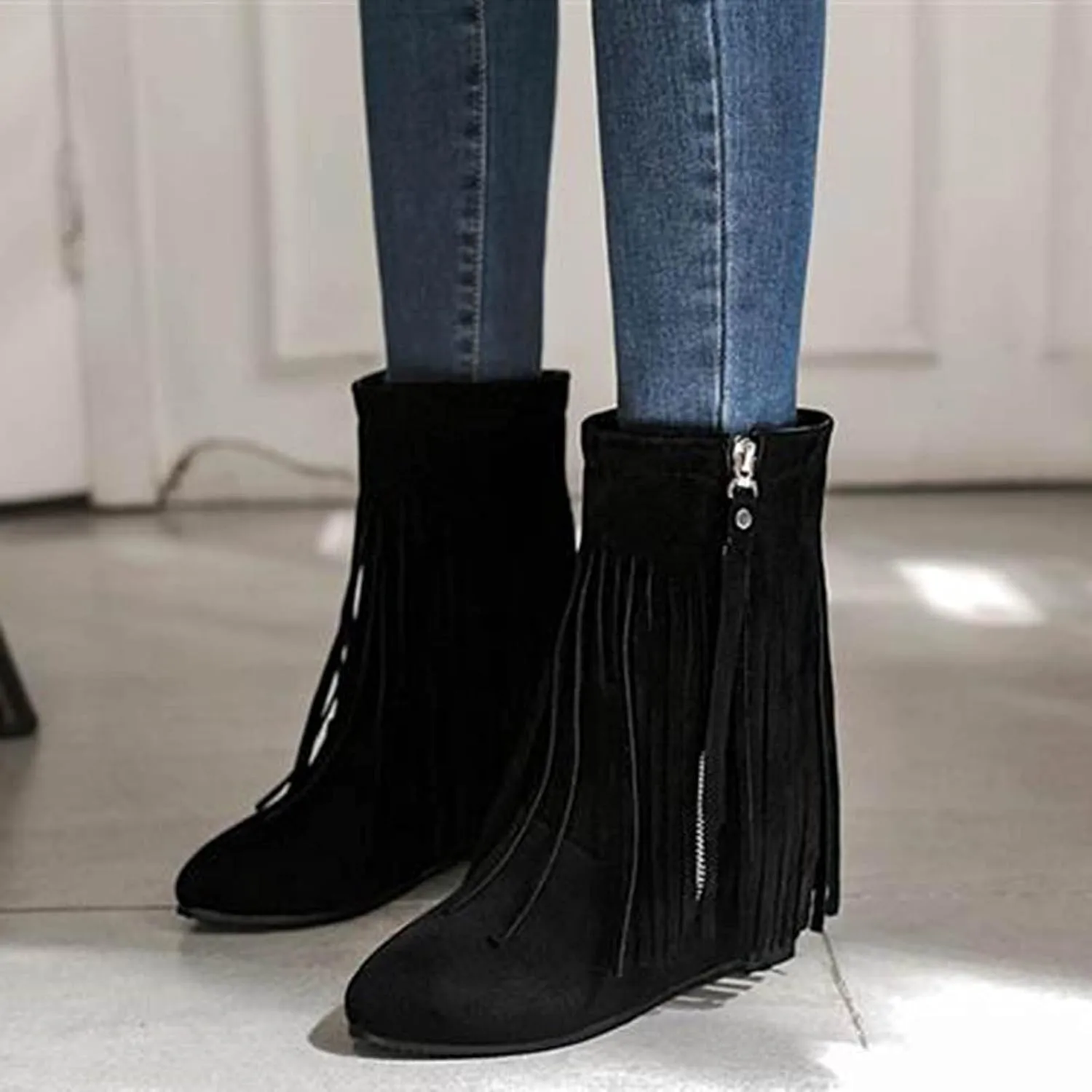 peqiut Cowboy Boots for Women Western Solid Color Fringe Pointed Toe Zipper Flat Ankle Boots for Women Fashion Cowgirl Boots