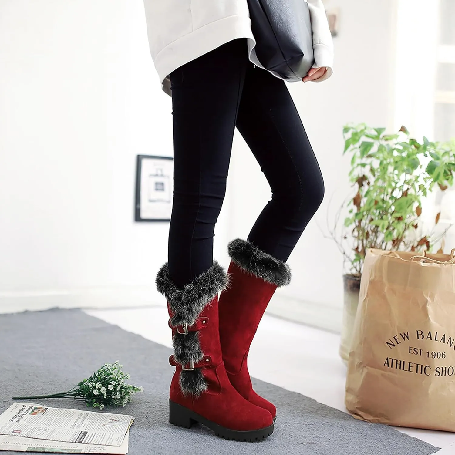 peqiut Cowboy Boots Woman Western Round Toe Suede Wide Width Flat Womens Boots Mid Calf Slouchy Winter Boots for Women