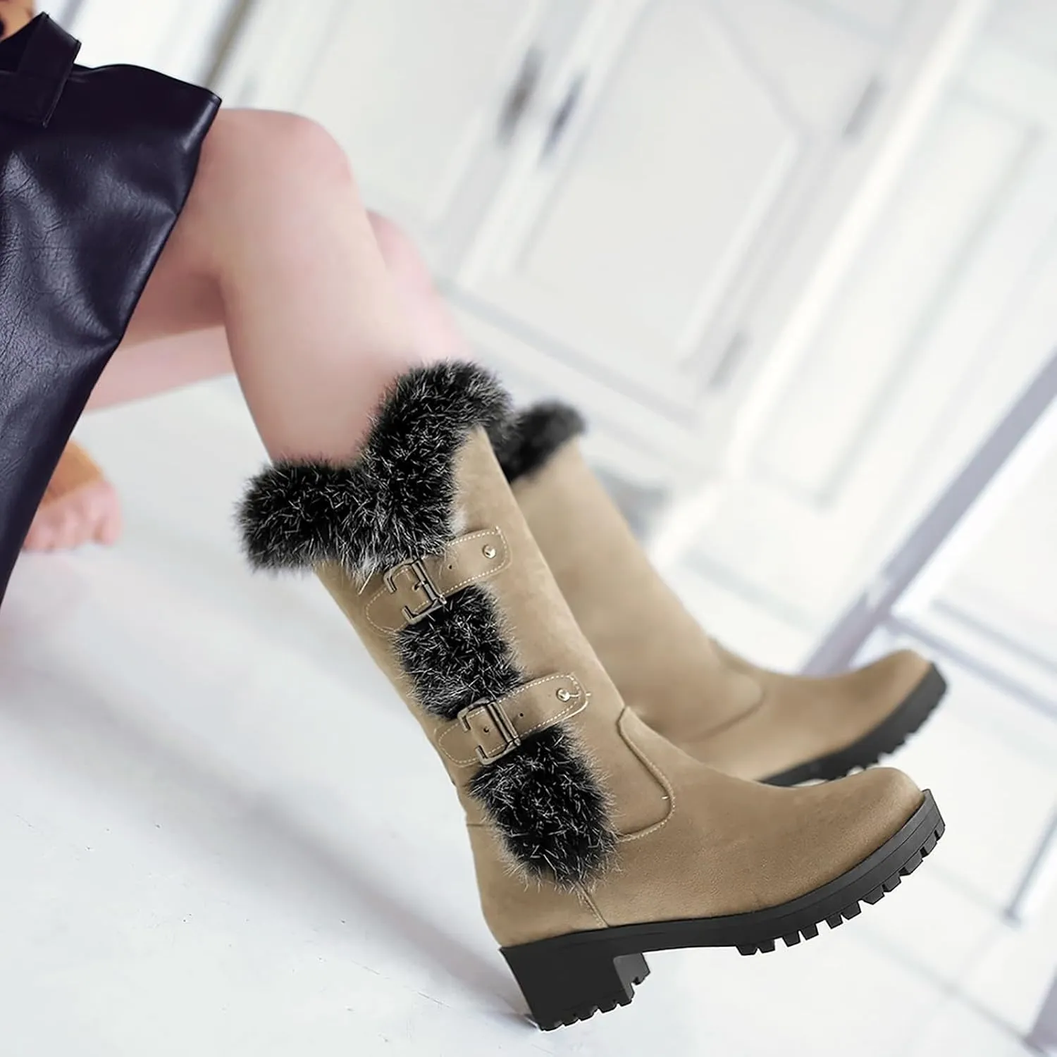 peqiut Cowboy Boots Woman Western Round Toe Suede Wide Width Flat Womens Boots Mid Calf Slouchy Winter Boots for Women