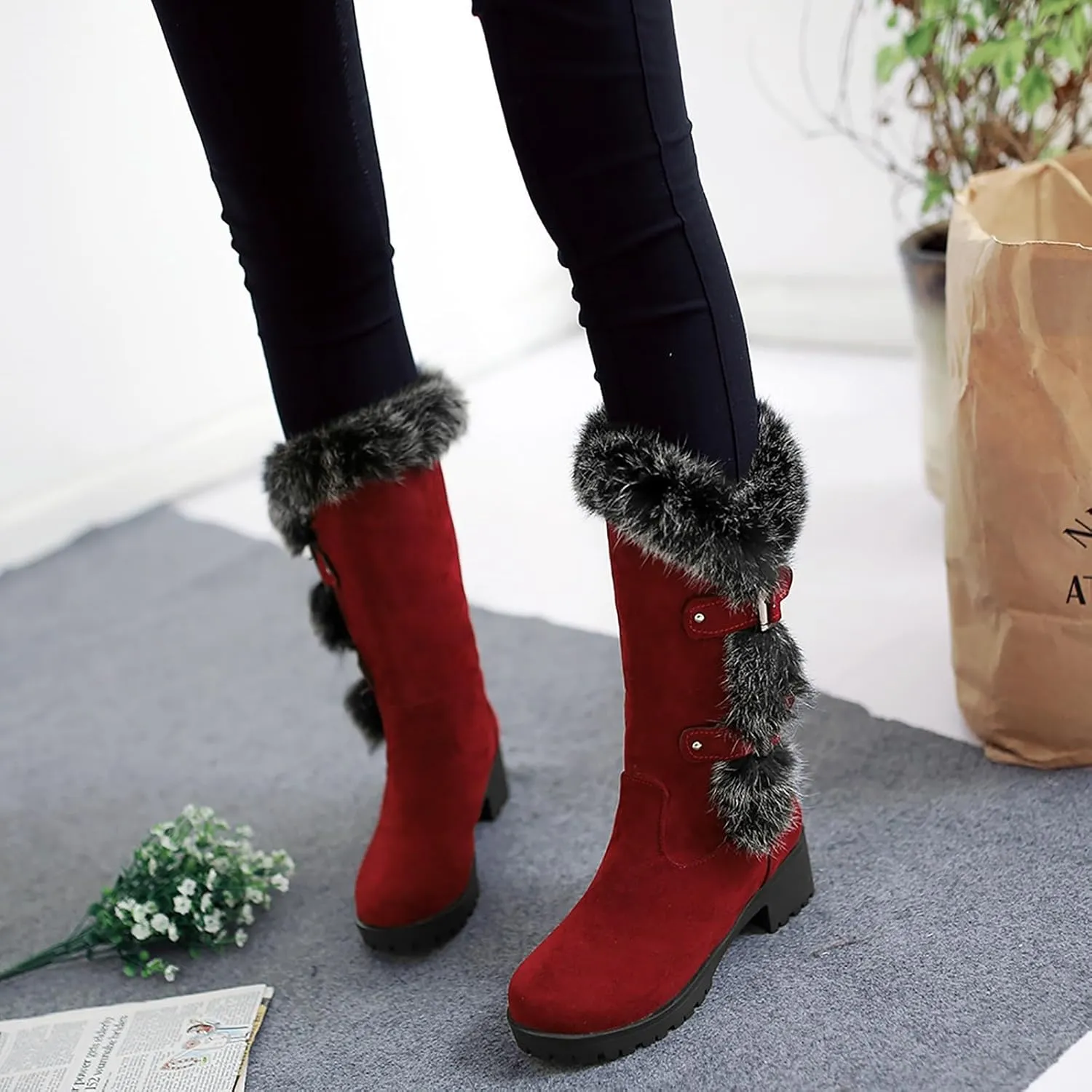 peqiut Cowboy Boots Woman Western Round Toe Suede Wide Width Flat Womens Boots Mid Calf Slouchy Winter Boots for Women