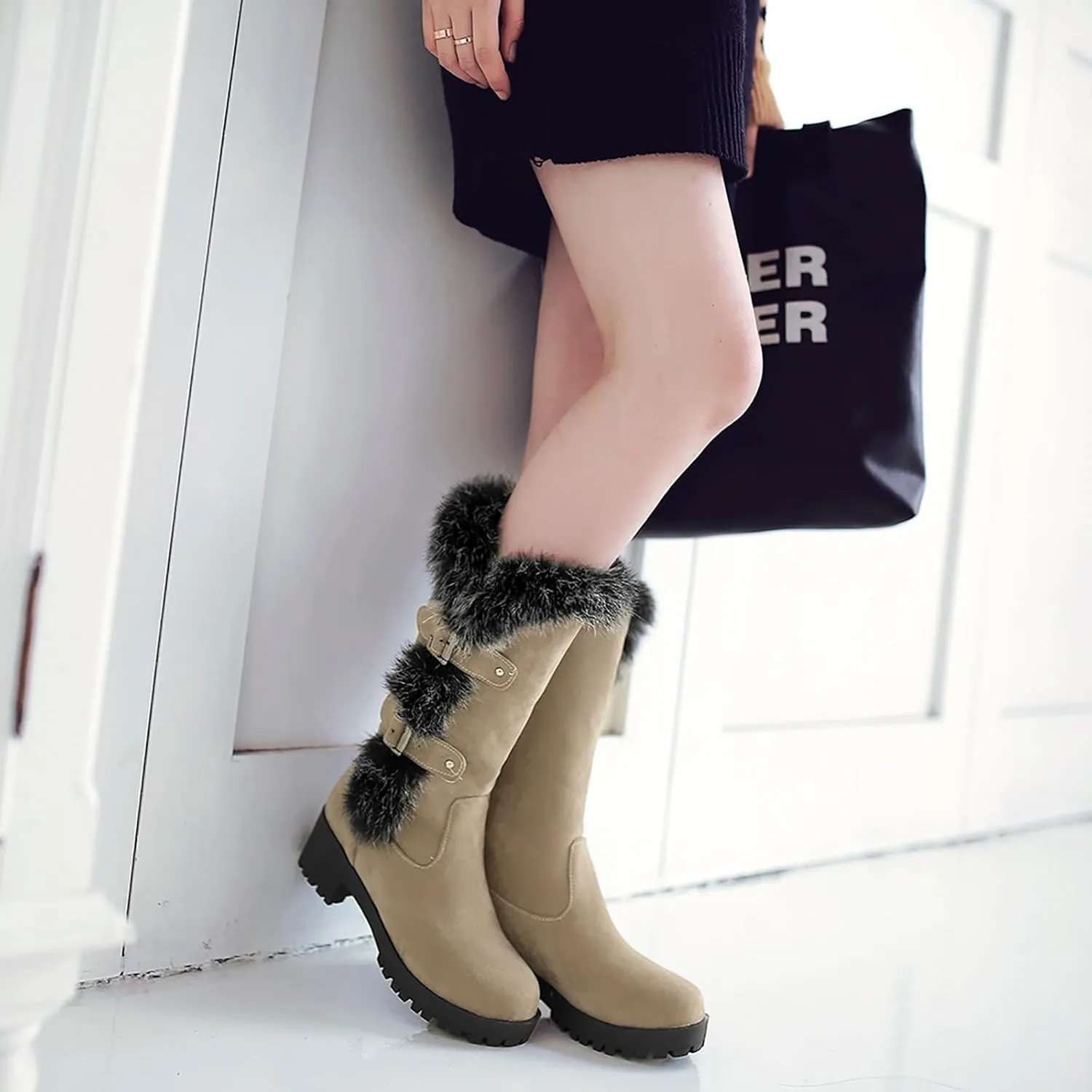 peqiut Cowboy Boots Woman Western Round Toe Suede Wide Width Flat Womens Boots Mid Calf Slouchy Winter Boots for Women