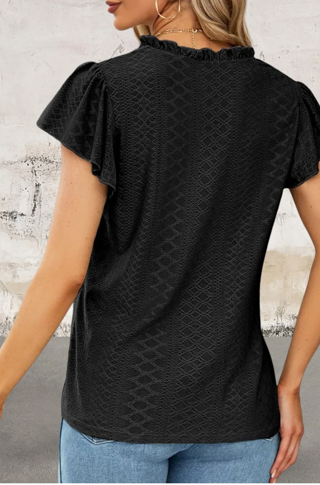 Short Sleeve V Neck Flutter Blaxk Top