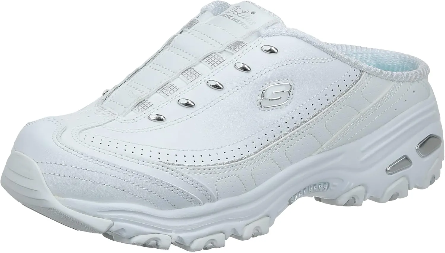 Skechers Women's D'Lites Bright Sky Mule, White/White/Silver, Size 7.5 Wide