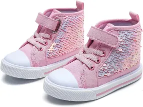 Toddler Girls Sneakers Kids High Top Casual Canvas Shoes with Sparkle Color Change Flipping Sequins