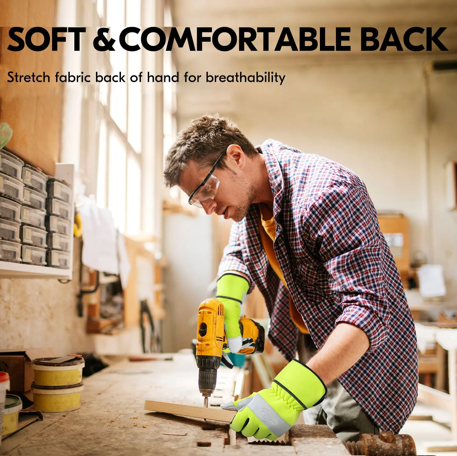 VGO 1/3 Pairs High Dexterity Soft Genuine Goat Leather Palm Touchscreen Construction Maintenance Light Duty Work Gloves For Men (3Colors, GA7673)