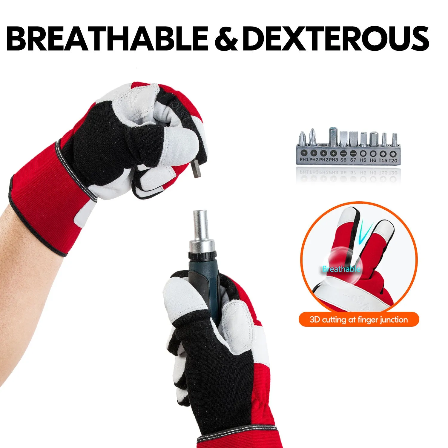 VGO 1/3 Pairs High Dexterity Soft Genuine Goat Leather Palm Touchscreen Construction Maintenance Light Duty Work Gloves For Men (3Colors, GA7673)