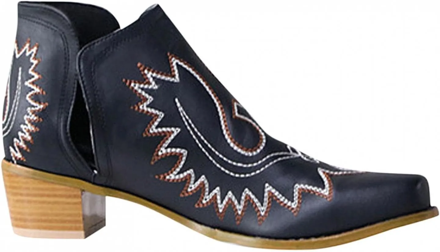 Western Cowboy Cowgirls Boots Ankle Booties for Women Boho V Cut Square Toe Chunky Block Mid Heels Slip On Short Boots